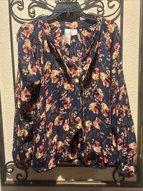 Gemma Silk Tie-Neck Floral Long-Sleeve Blouse in Navy and Assorted Colors